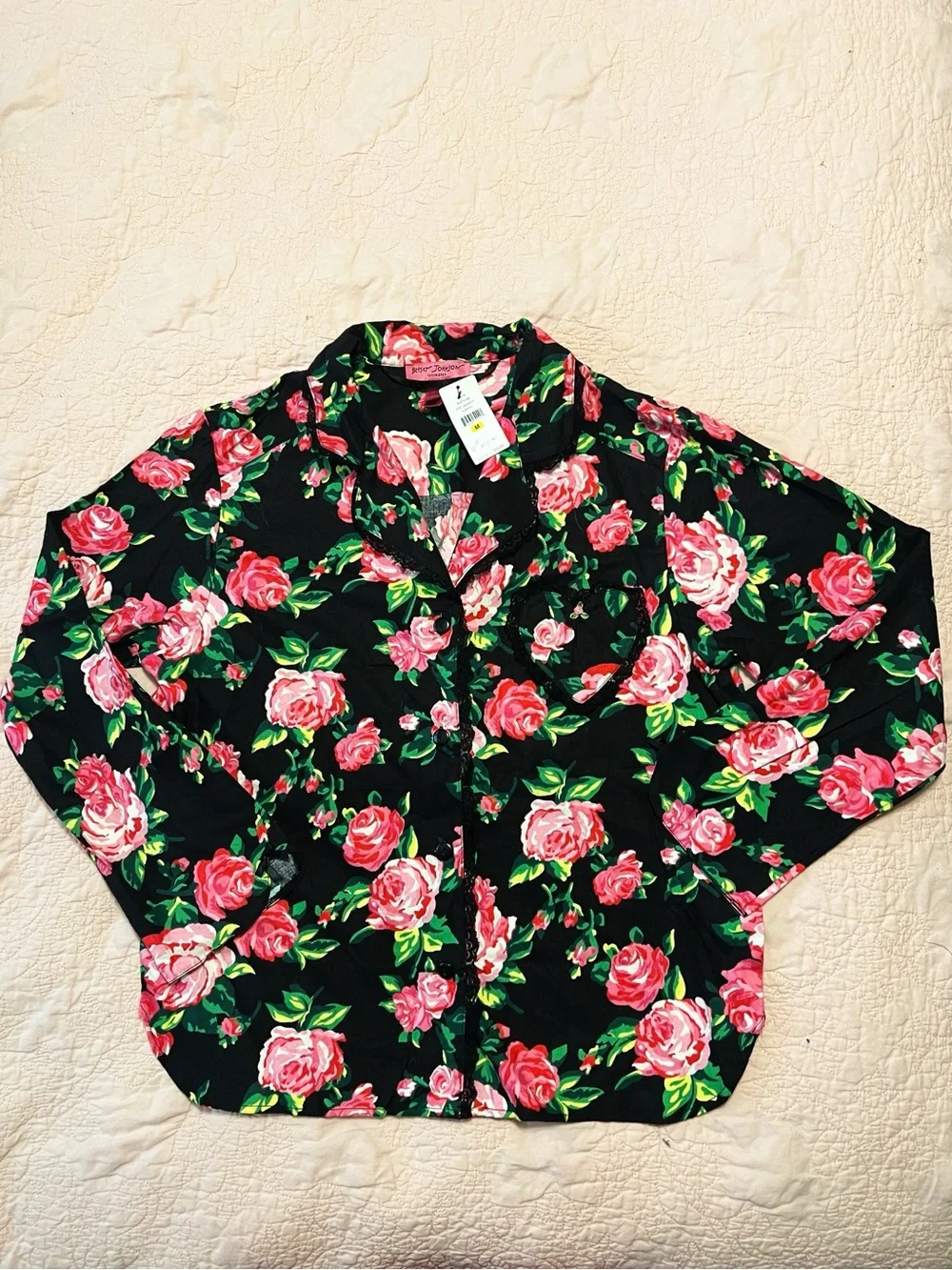 Betsey Johnson Flannel Pajama Top with Heart Pocket & Pink Rose Print